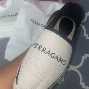 NEW SALVATORE FERRAGAMO LADIES CANVAS LEATHER LOGO ESPADRILLES LOAFERS AUTHENTIC